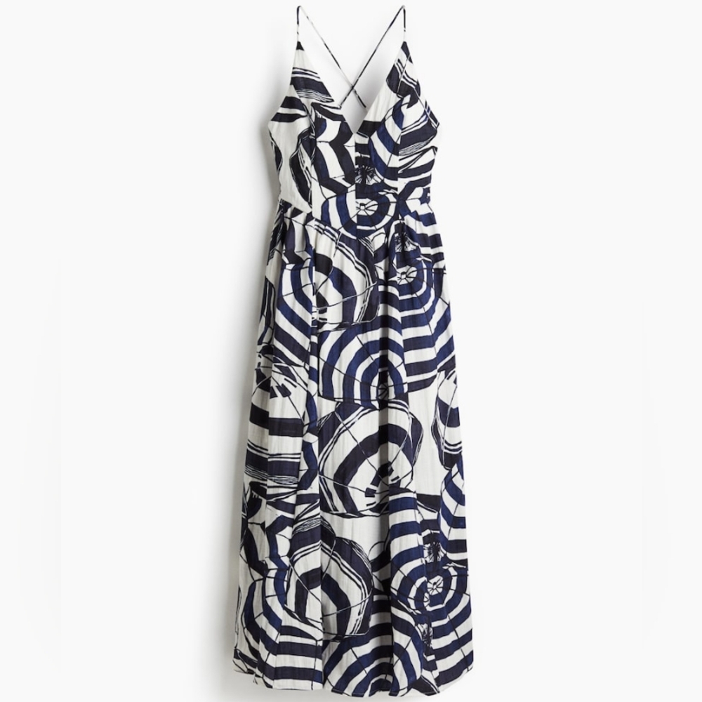STORE CLOSING! H&M Long Strappy Dress White/navy Blue Patterned Fitted Bodice N - Picture 8 of 14